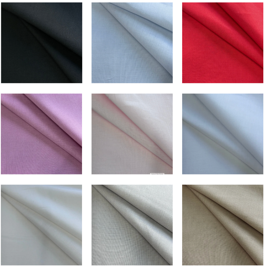 Grid of 100% cotton voile fabric swatches in black, blue, red, pink, white, grey, and beige.