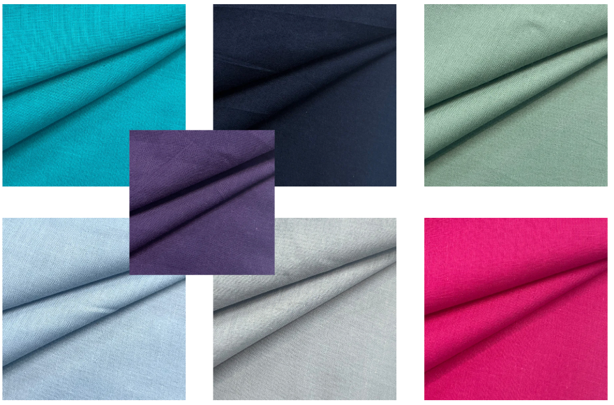 Seven swatches of 100% cotton voile fabric in teal, navy, sage, purple, blue, grey, and pink.
