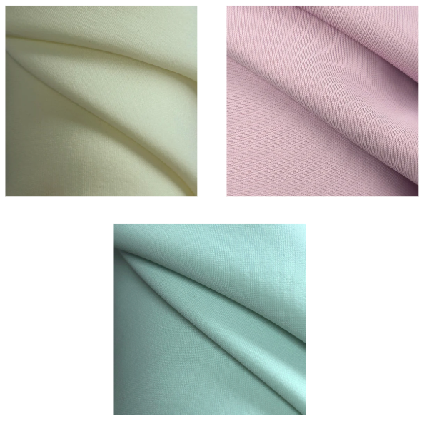 Three swatches of textured polyester crepe fabric in yellow, pink, and mint green.