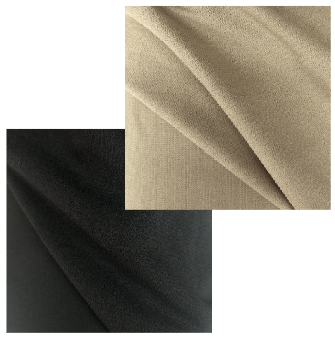 Two fabric swatches, one beige and one black, on a white background.