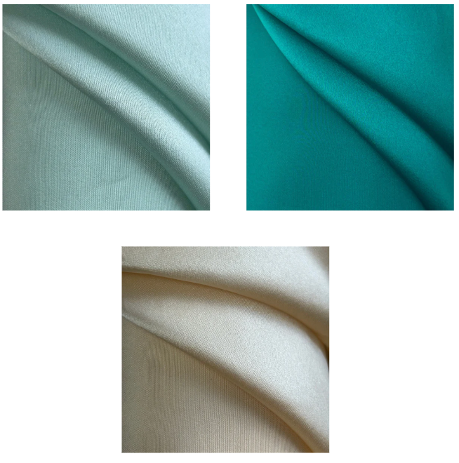 Three fabric swatches in teal, beige, and green on a white background