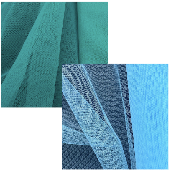 Aqua Jade and light blue sheer nylon tulle fabric with a fine mesh structure and soft drape.