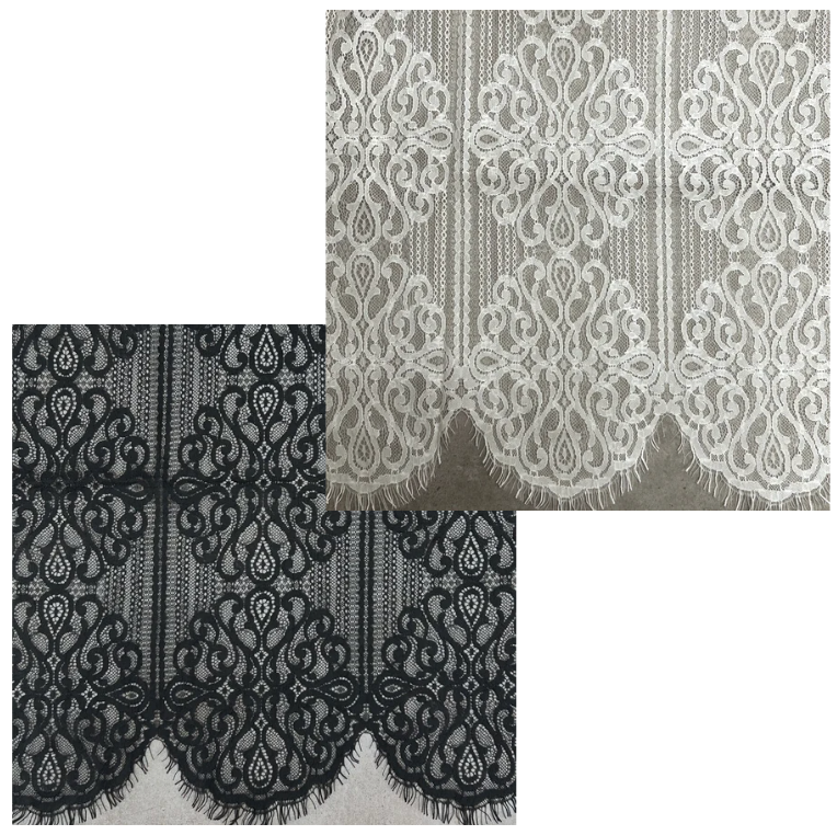 Black and ivory polyamide, cotton, and viscose lace fabric with an intricate damask pattern.