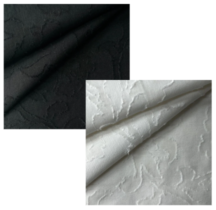 Two swatches of burnout cotton fabric in black and white with a textured floral pattern.