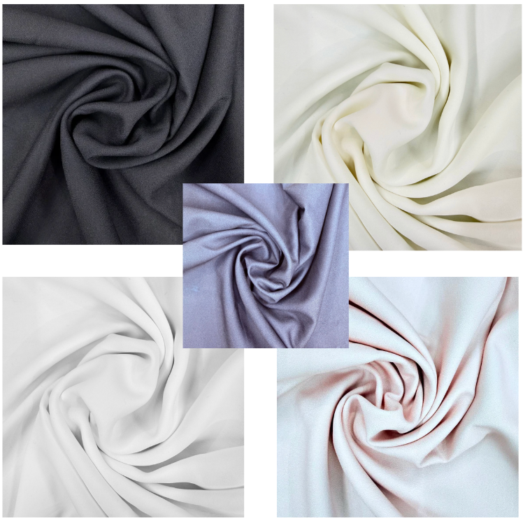 Collage of fabric swatches in various colors including gray, white, blue, and pink.