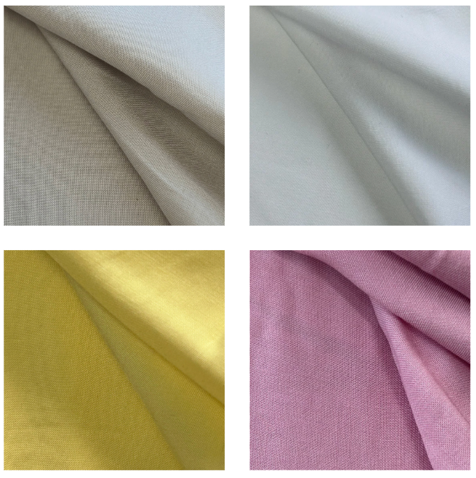 Four fabric swatches in beige, gray, yellow, and pink.