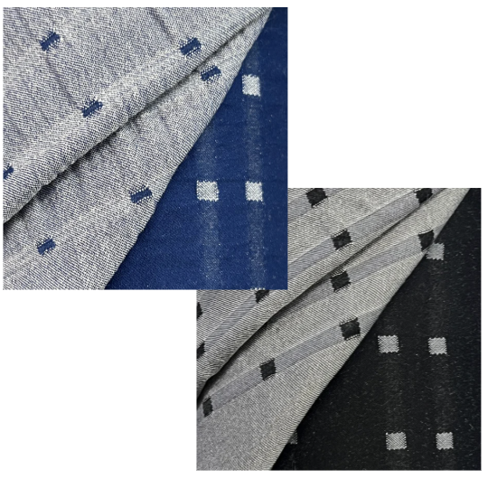 Cotton mix textile fabric in black and blue with a woven square pattern, soft and breathable.