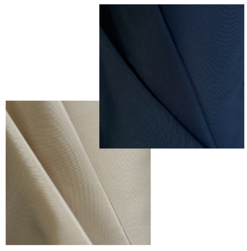 Collage of fabric swatches in navy, beige, and dark blue on a white background