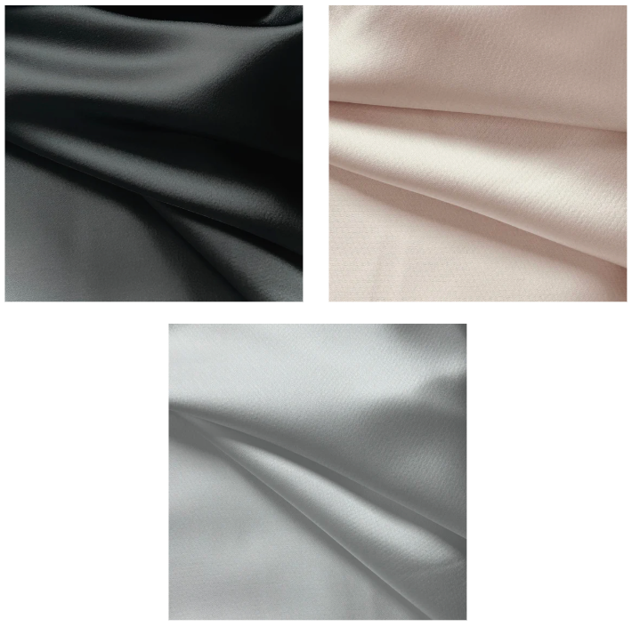 Collage of three fabric swatches in black, beige, and gray.