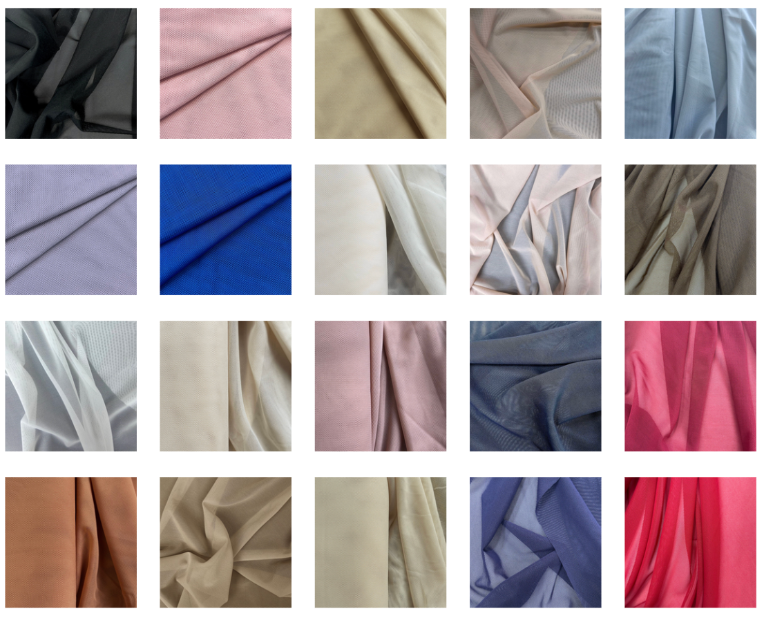Grid of high-stretch mesh tulle fabric swatches in various colors including red, blue, and neutrals.