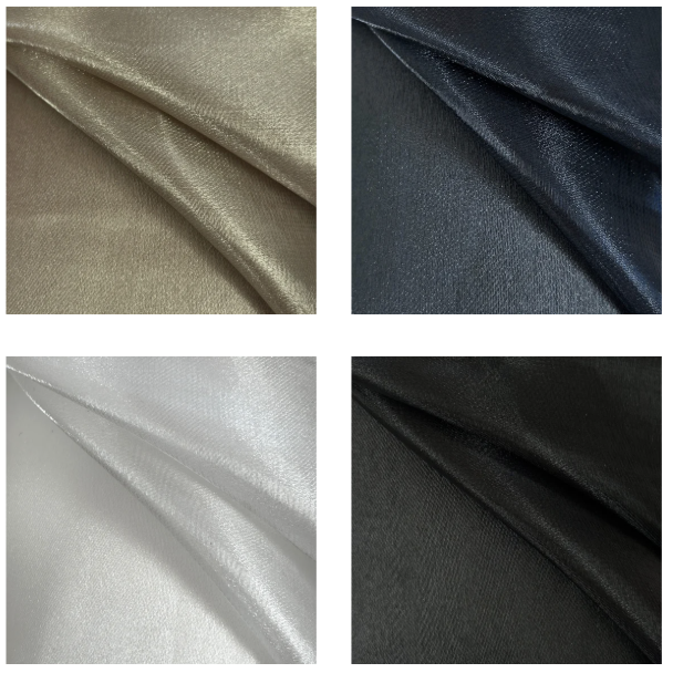 Four fabric swatches in gold, navy, silver, and black.