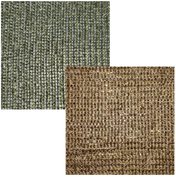 Close-up of gold beaded net mesh fabric in two shades, showing dense sparkle and textured surface.