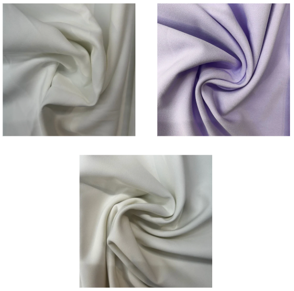 Three fabric swatches in different colors on a white background