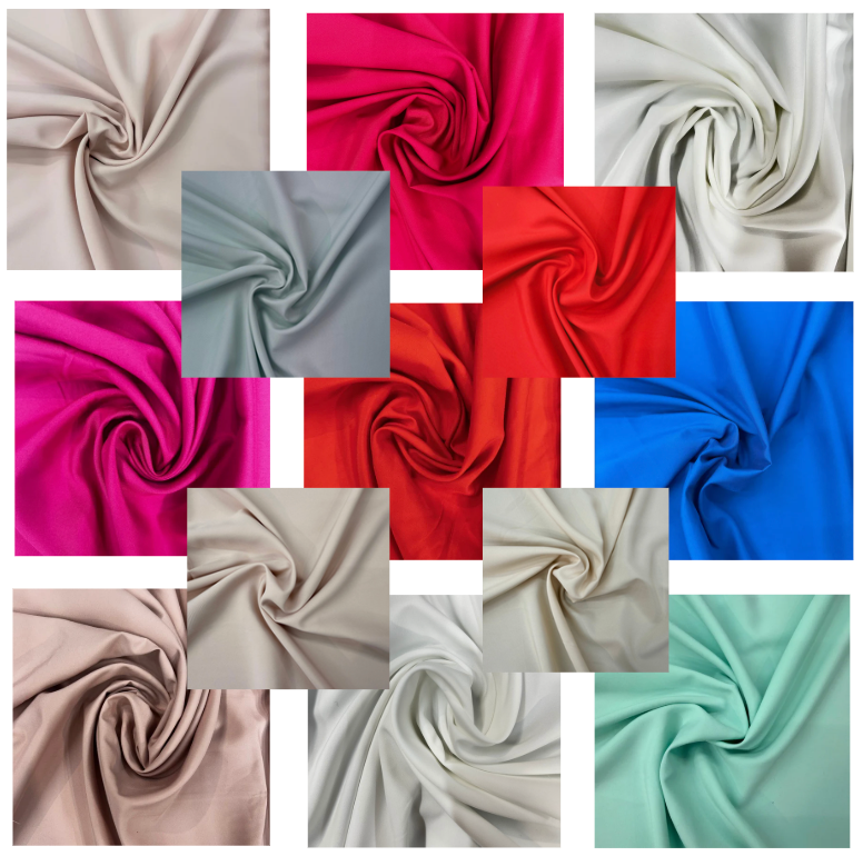 Collage of mechanical stretch polyester fabric in peach, blue, beige, cream, red, and mint colors.