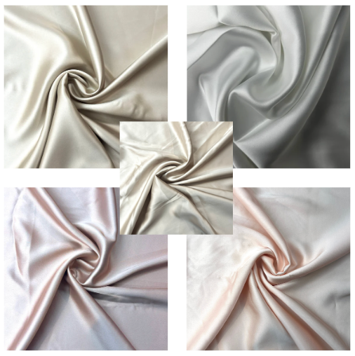 Collage of satin fabric in various neutral colors.