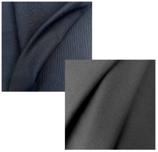 Close-up of navy and grey twill stretch cotton elastane fabric showing diagonal weave and drape.