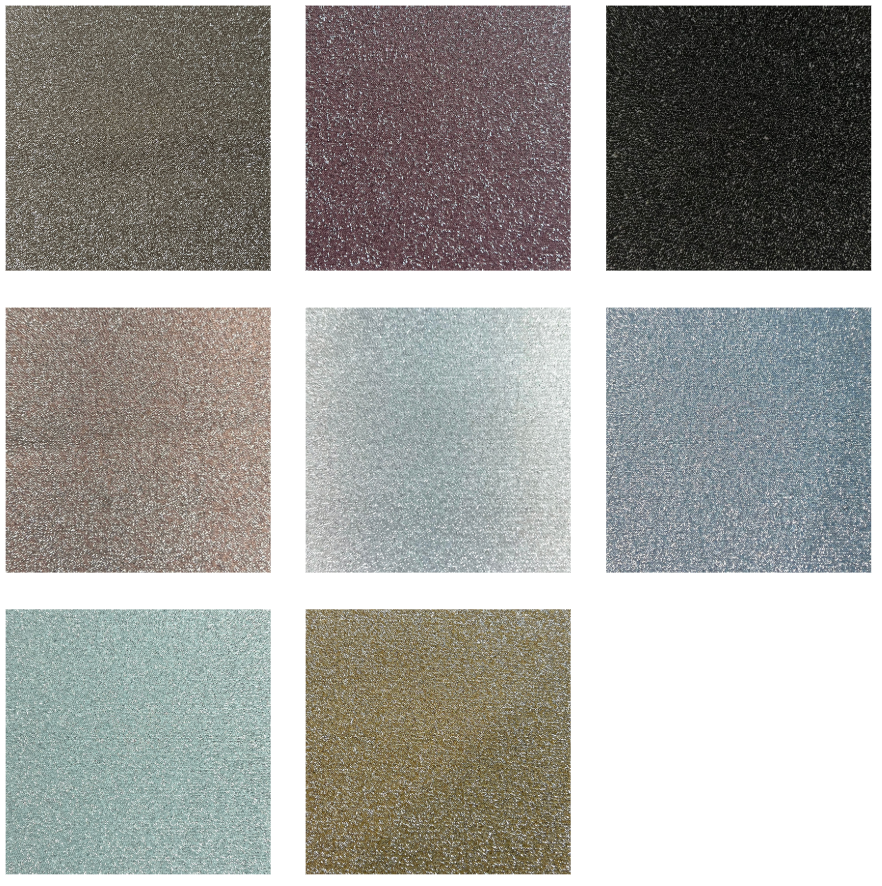 Grid of Polyamide and Lurex Lamé metallic fabric swatches in various shimmering colors.