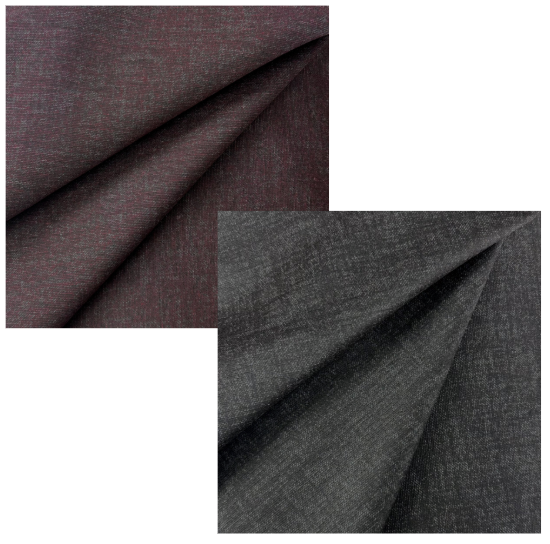 Plum brown and dark grey textured polyester viscose lycra blend stretch fabric swatches.