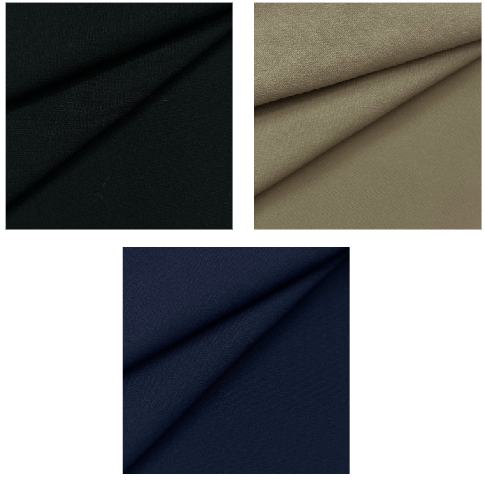Three swatches of Polyamide Elastane Jersey Stretch Knit fabric in black, camel, and navy.