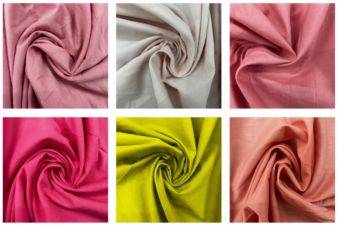 Six fabric color options arranged in a 2x3 grid, each showing a swirl of draped material in dusty pink, light gray, medium pink, bright magenta, lime green, and peach.
