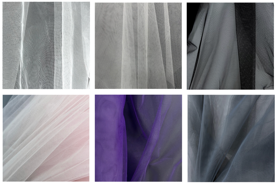Grid of polyester tulle mesh fabric in cream, white, black, pink, purple, and grey.
