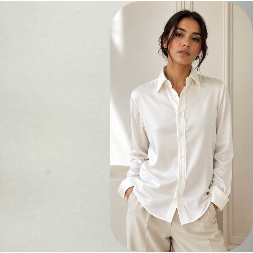 A woman wearing a white long-sleeve button-up shirt and light beige trousers, posed against a softly lit cream-colored interior background with a rounded rectangular frame effect.
