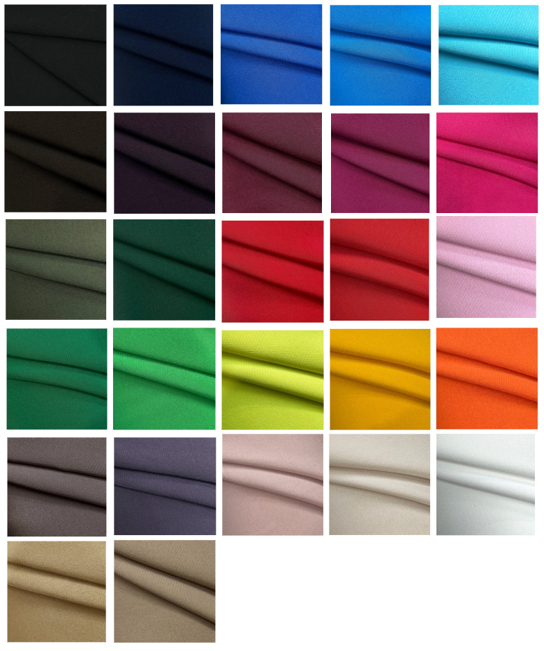 Grid showing 27 color swatches of Vicky Heavy Polyester Crepe Stretch Fabric in various vibrant hues.