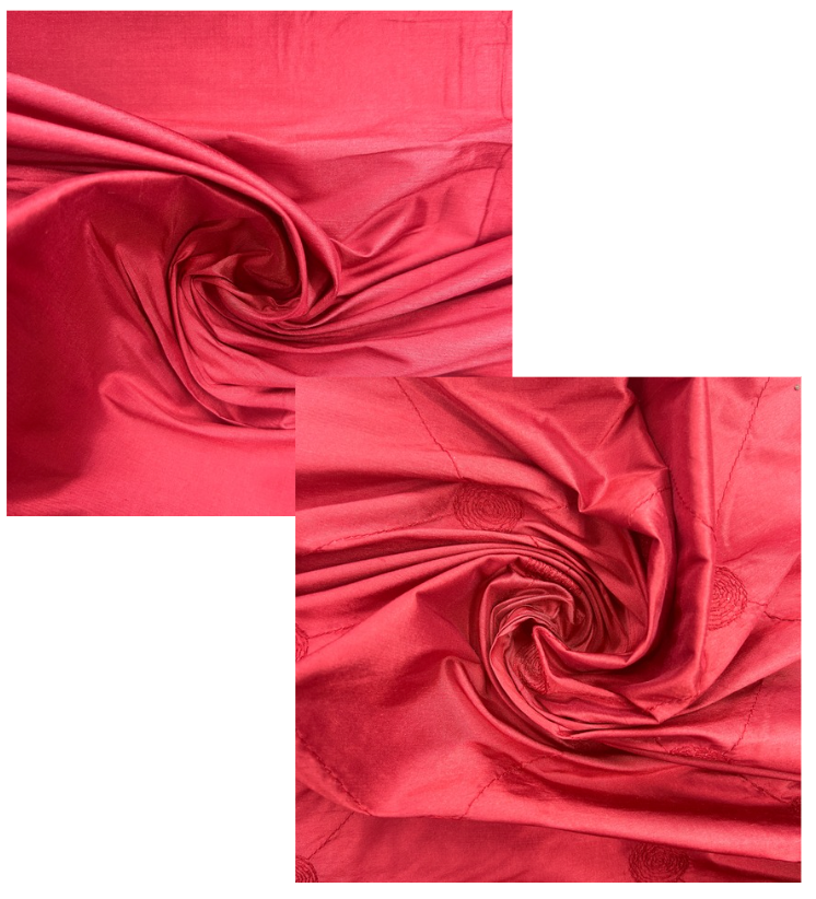 Two square close-up panels showing a bright pink-red satin-like fabric swirled into folds, with a small tonal circular motif visible in the lower panel, on a white background.