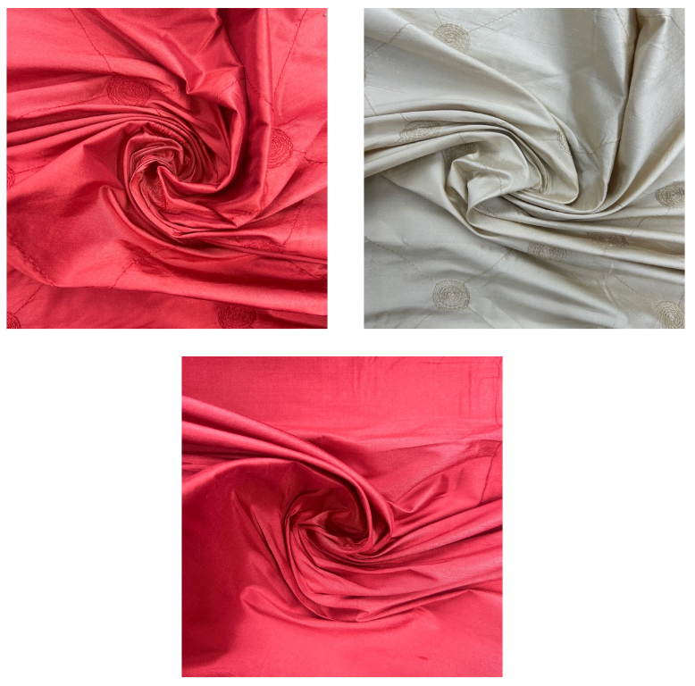 Three fabric swatches shown in a collage: two bright pink satin-like fabrics swirled into folds, and one light warm gray fabric swirled into folds. Each panel highlights the material's sheen and texture.