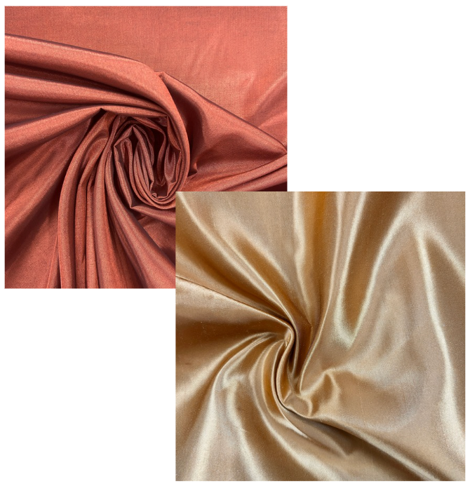 Two fabric swatches shown on a white background: one dusty rose/coral satin-like material swirled into folds, and one champagne-gold satin-like material swirled into folds.
