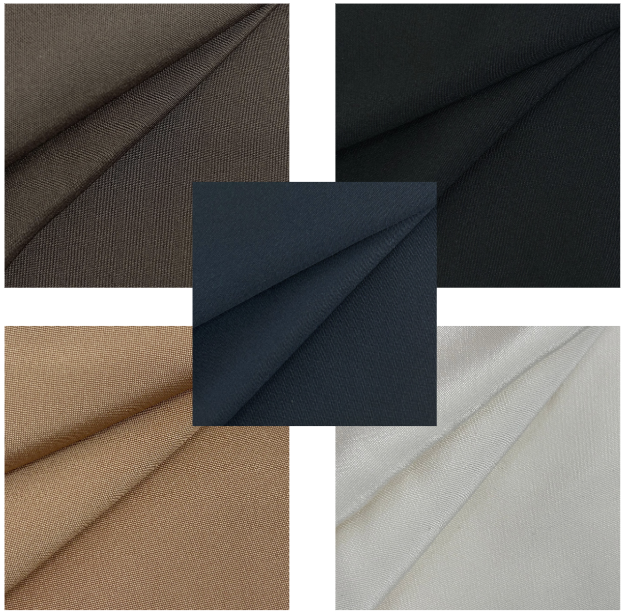 Silk Double Crepe Moroccan fabric swatches in brown, black, navy, cream, and dull orange.