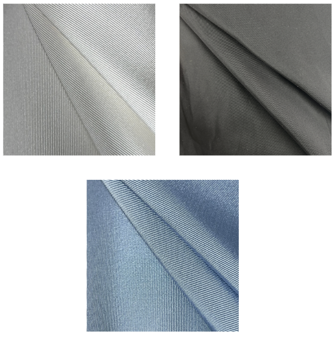 Three swatches of silk grosgrain ribbed fabric in white, black, and blue showing corded texture.
