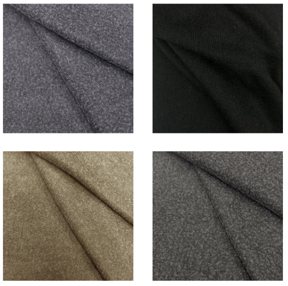 Four swatches of solid black and grey viscose blend textile fabric showing soft drape and texture.