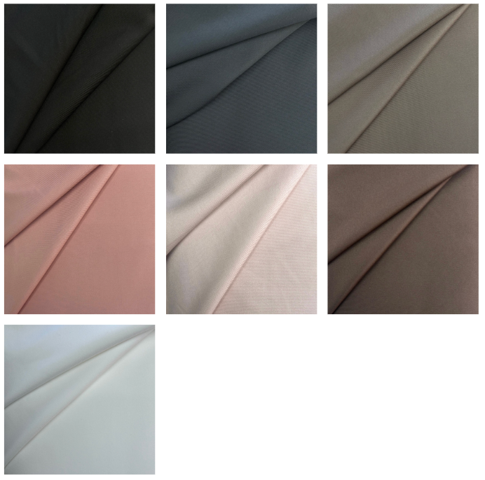 Grid of Sportswear Jersey Polyester Elastane Knit fabric in black, grey, taupe, salmon, nude, brown.