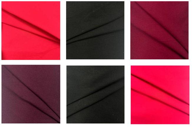 Six swatches of solid 100% cotton poplin fabric in red, black, and burgundy colors.