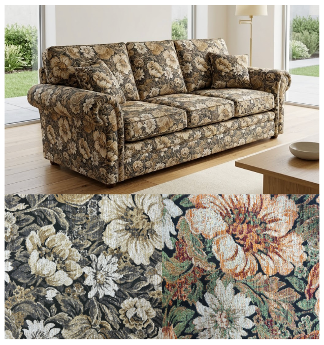 Floral brocade heavyweight upholstery fabric in neutral and warm tones shown on a sofa and close-up.