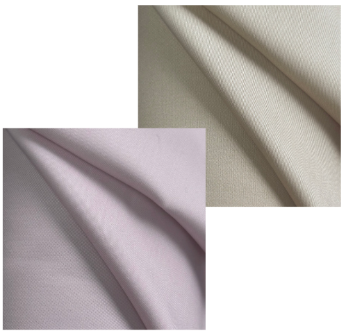 Two fabric swatches on a white background: one light lavender/lilac textured fabric and one warm off-white/cream textured fabric.