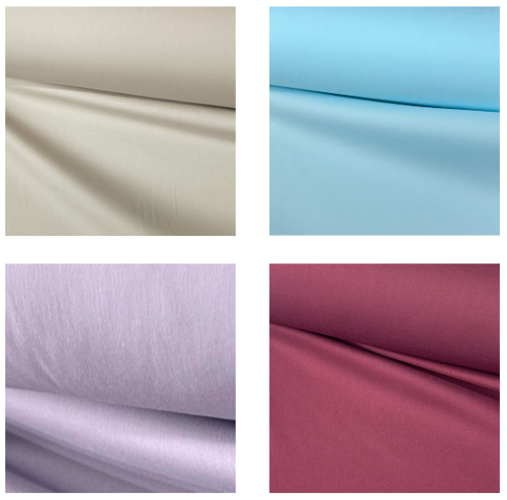 Four swatches of stretch cotton poplin fabric in stone, baby blue, dusty lilac, and burgundy.