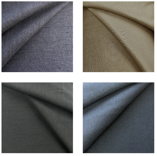 Four swatches of stretch polyester suiting fabric in grey, dark grey, purple grey, and camel.
