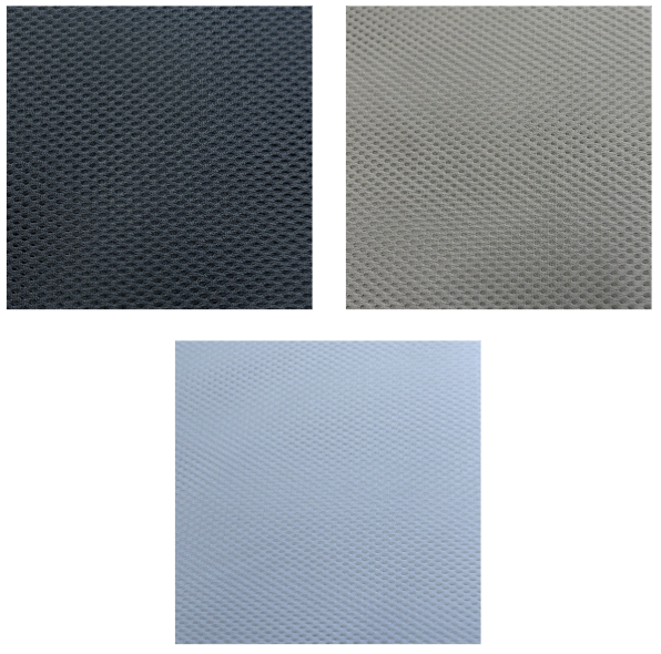 Three swatches of tiny round mesh 100% polyester breathable fabric in black, nude, and white.