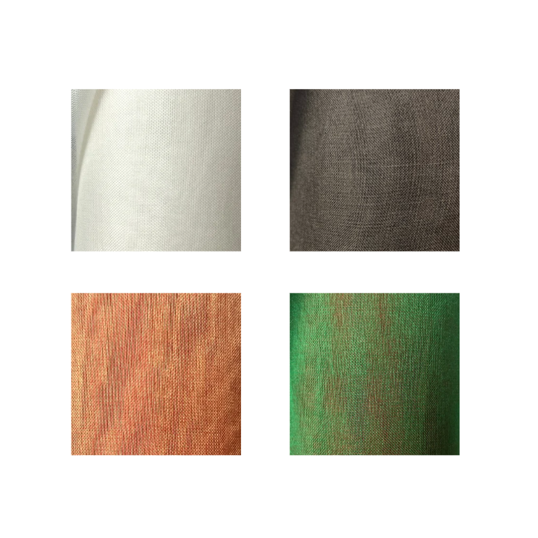 Four fabric swatches in different colors on a white background