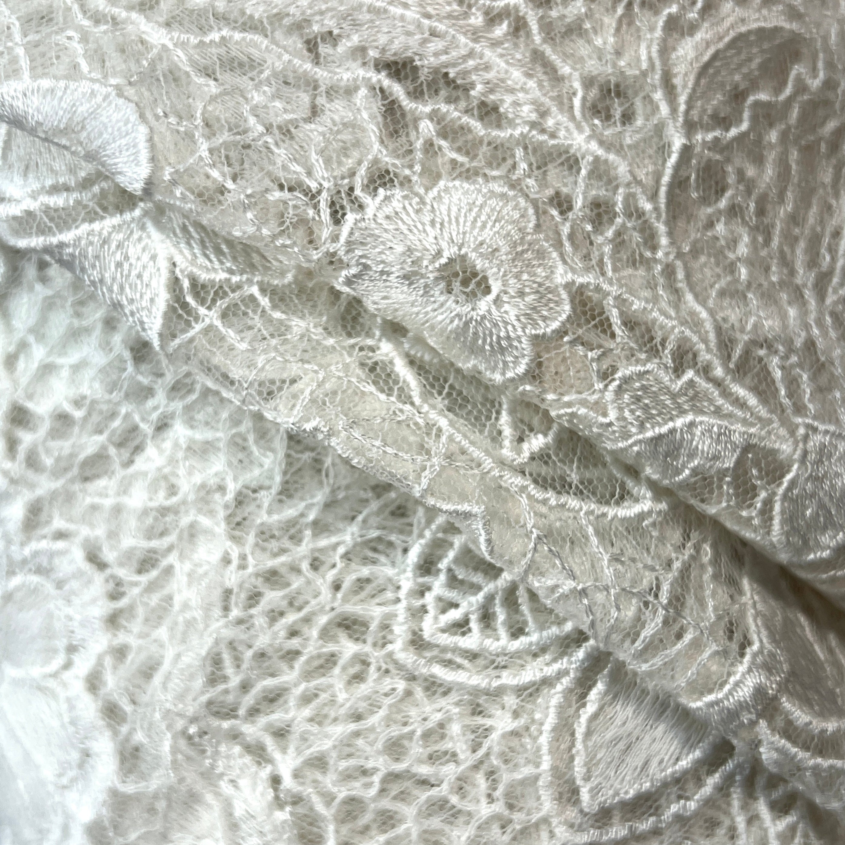 Close-up of white lace fabric with floral patterns