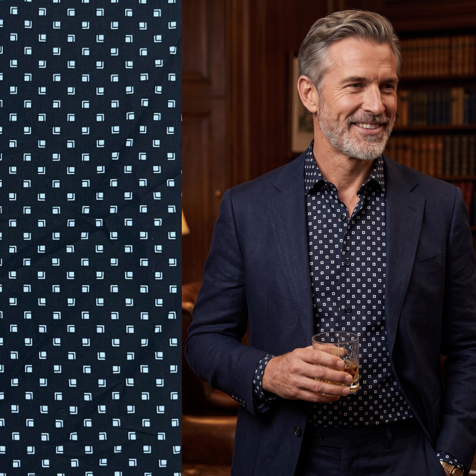 Man wearing a dark blue patterned shirt with a matching fabric swatch on the left.
